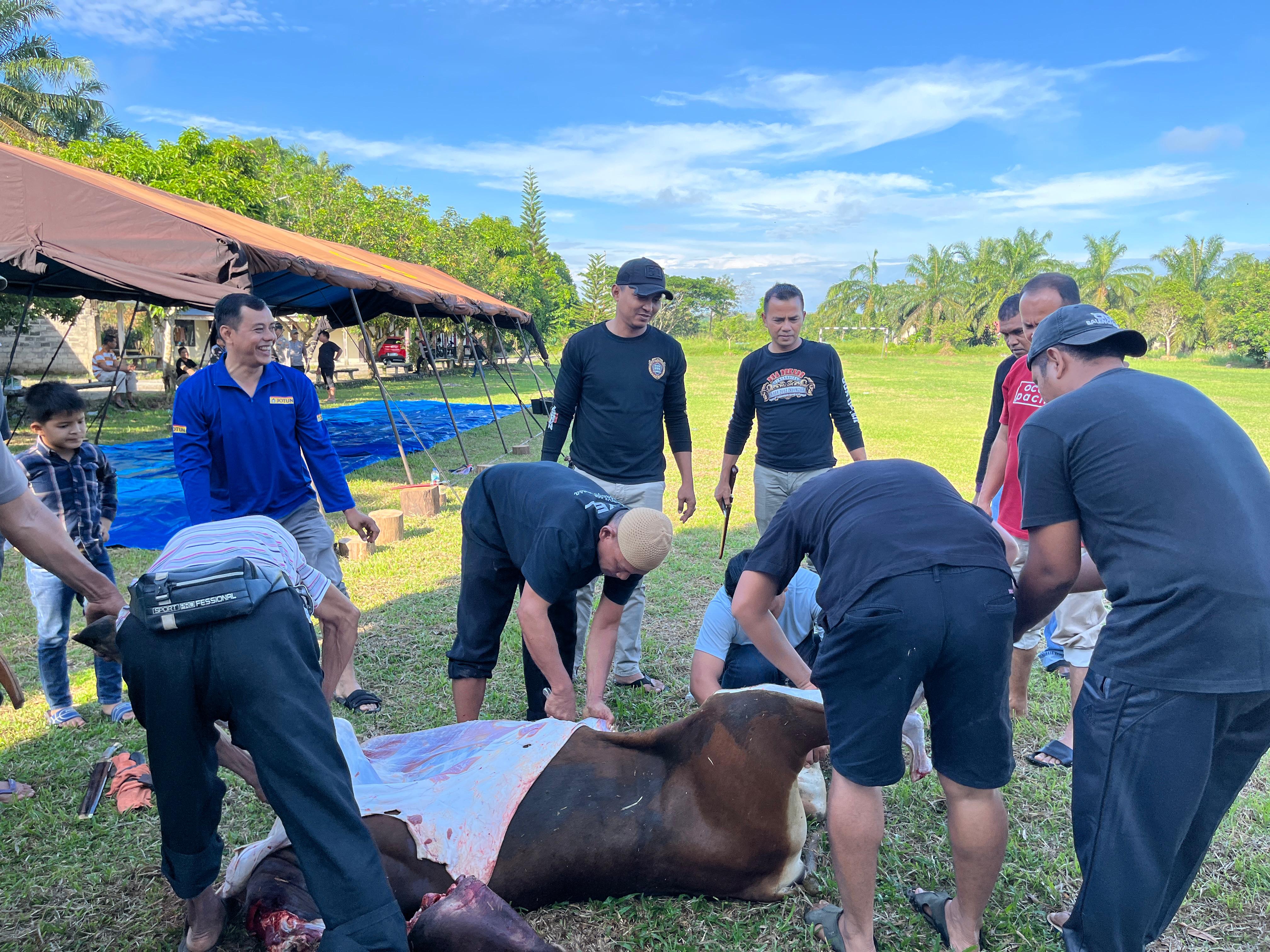 Polres Dharmasraya Sembelih Enam Ekor Sapi Qurban, Kapolres Serahkan Langsung Satu Ekor Miliknya